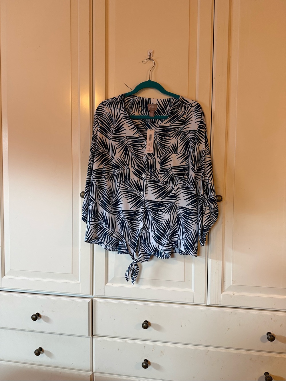 Chico's Navy Palm-Print Tie-Front Blouse
